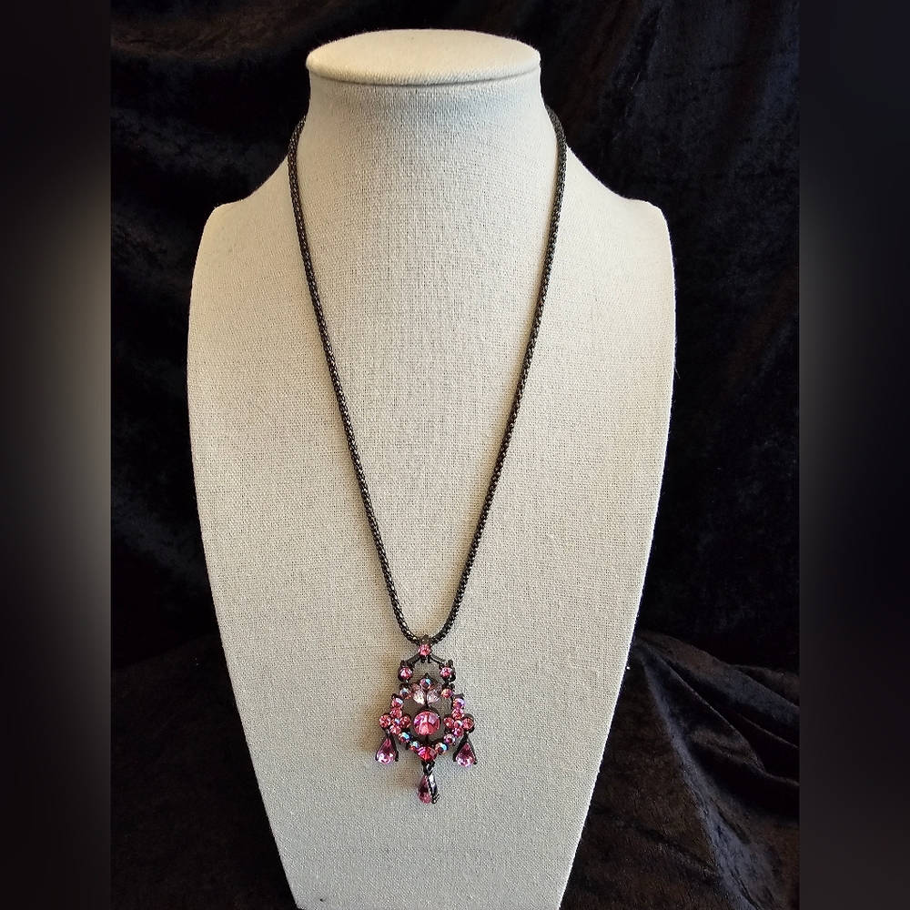 Vintage Tiered Chandelier Pendant with Faceted Pink Crystals and Rhinestones